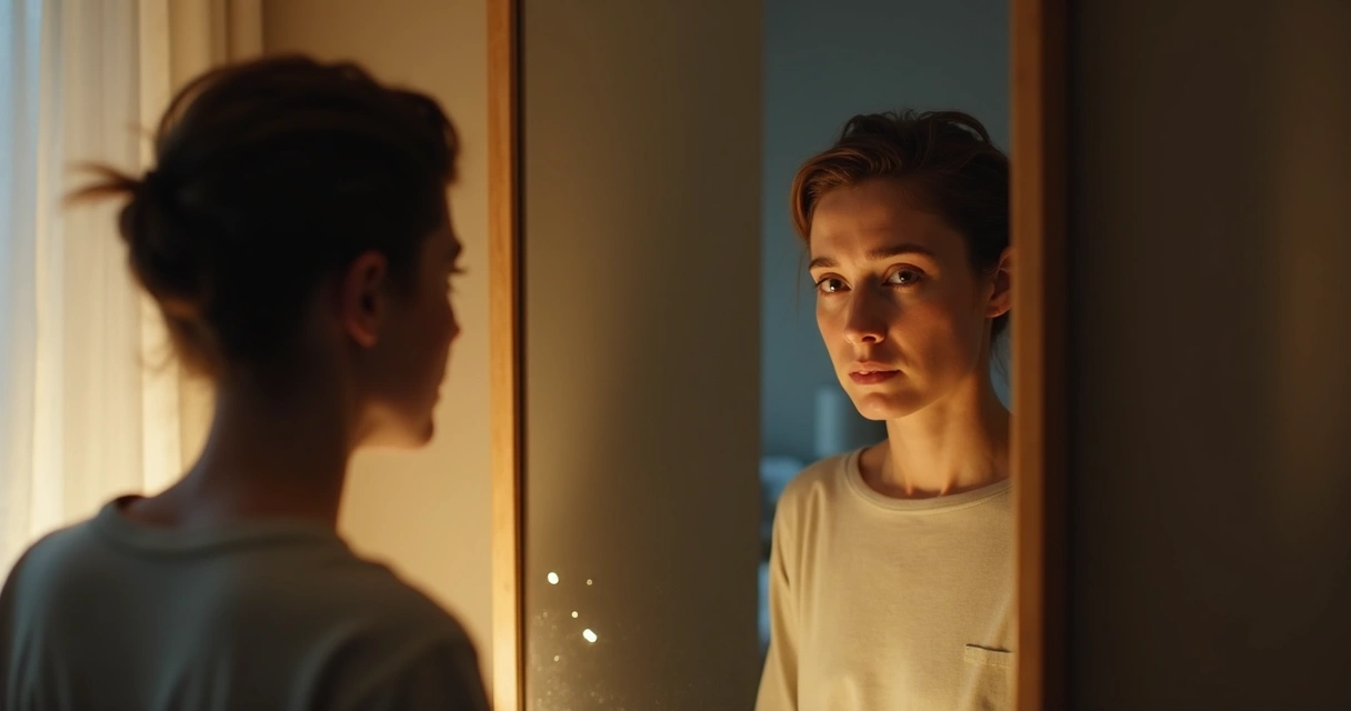 Persona observando su reflejo con expresión de cansancio
