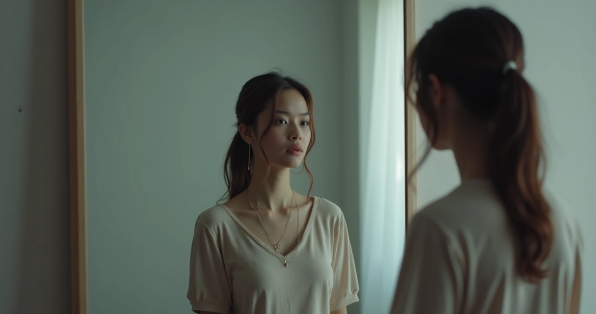 Reflejo difuso de una persona mirándose en el espejo