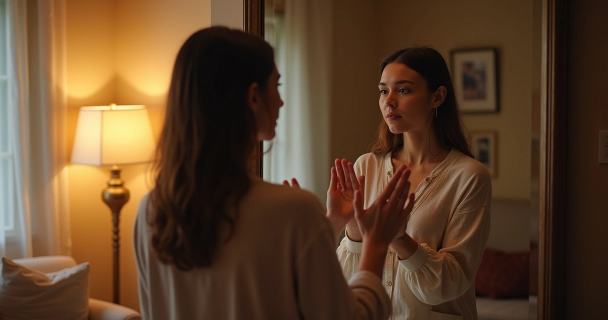 Persona mirando su reflejo en un espejo en una habitación tranquila 
