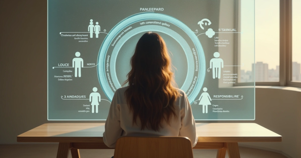 Persona mirando un diagrama iluminado con su impacto social rodeado de siluetas borrosas 