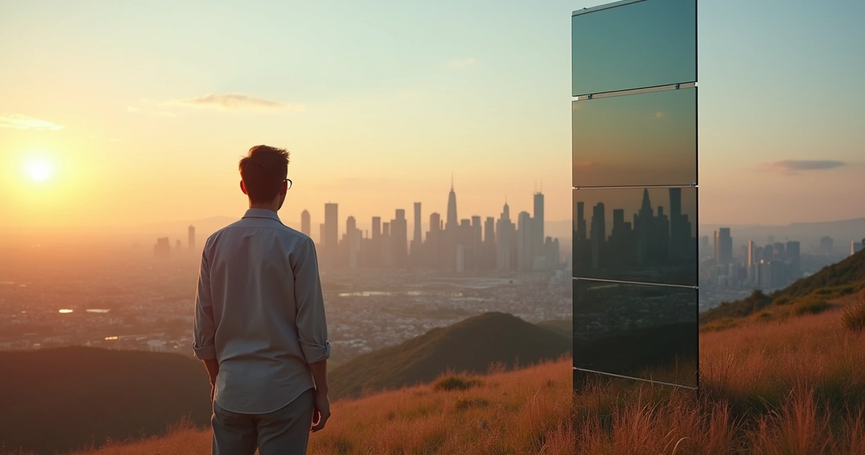 Persona mirando una ciudad reflejada en un espejo fractal 