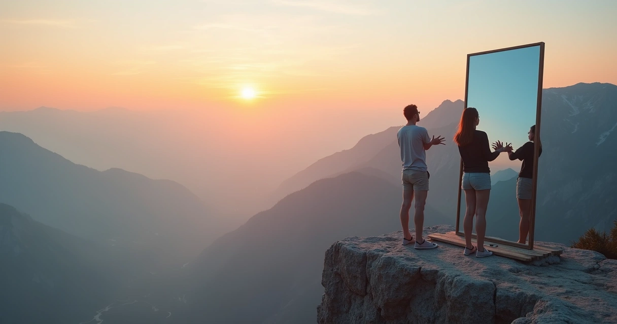 Persona en una montaña mirándose en un espejo grande al amanecer 