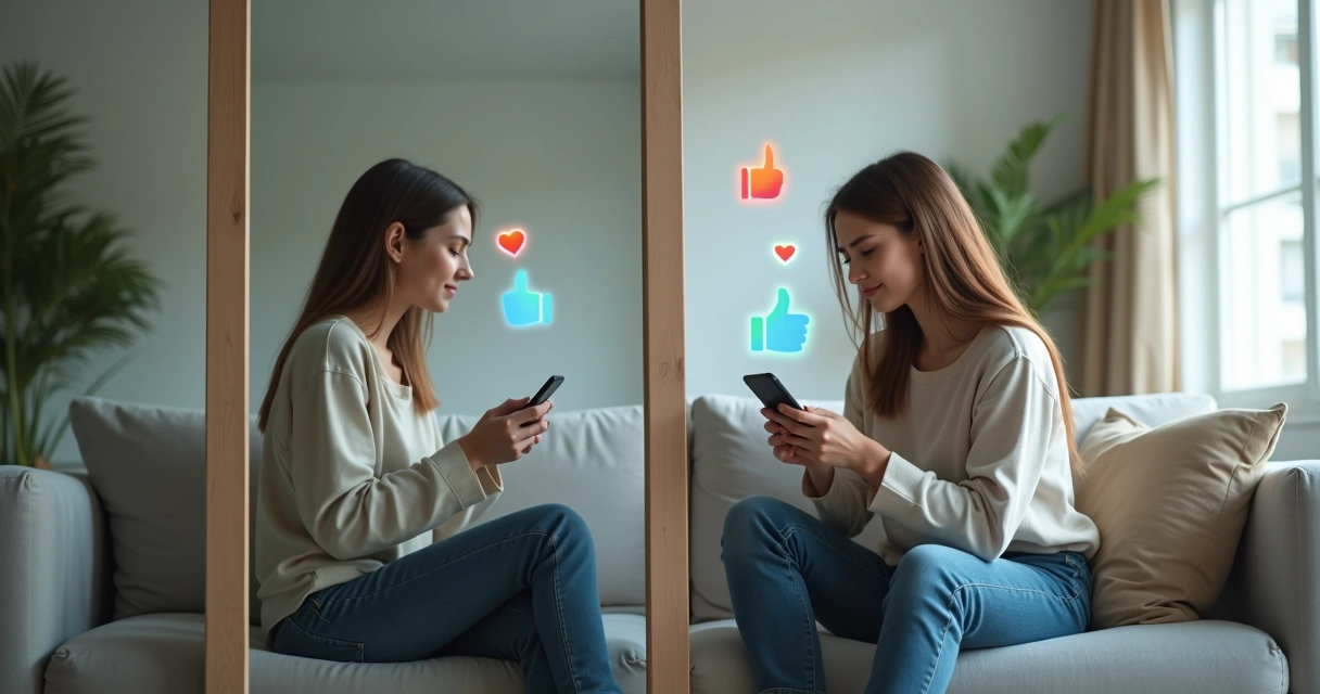 Persona sentada frente al espejo rodeada de iconos de redes sociales y aprobación externa 