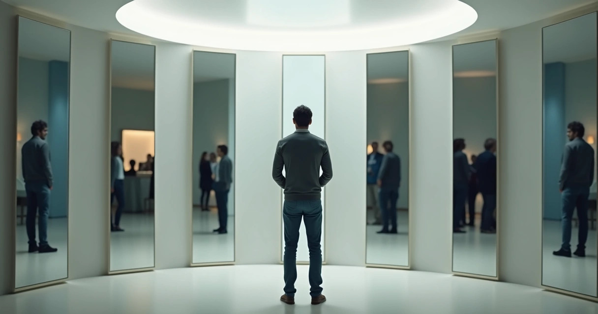 Persona frente a varios espejos buscando aprobación en diferentes relaciones 