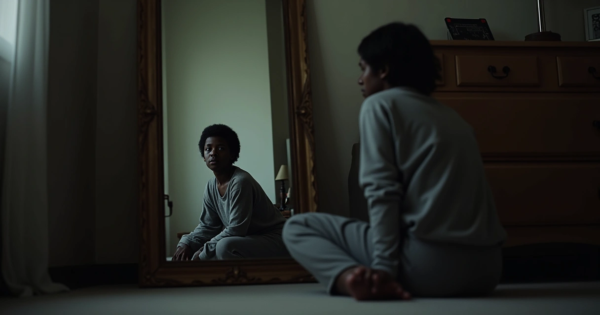 Persona sentada frente a un espejo con expresión de reflexión