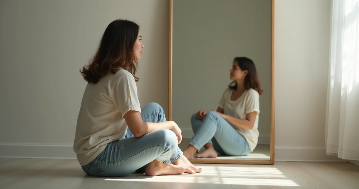 Mujer mirando su reflejo en un espejo grande 