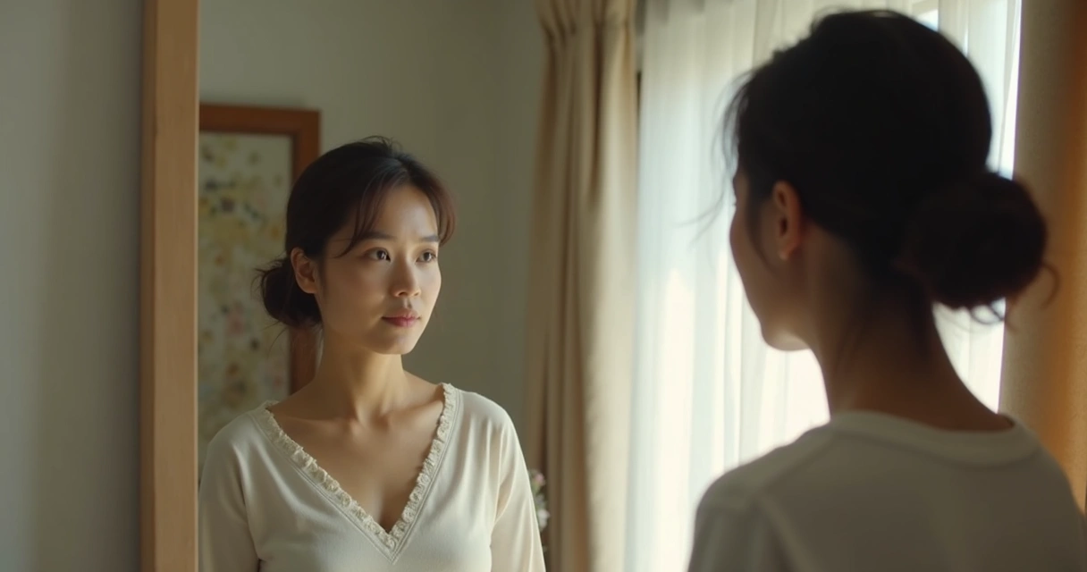 Persona mirando su reflejo en el espejo con expresión reflexiva 