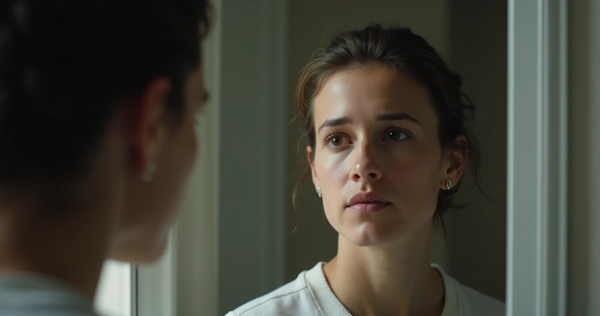 Persona observando su reflejo en el espejo, rostro pensativo