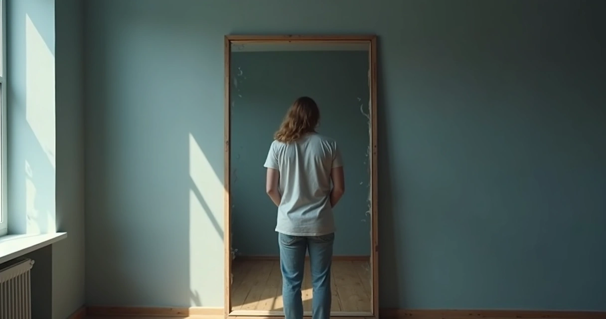 Persona frente a un espejo con reflejo fragmentado 