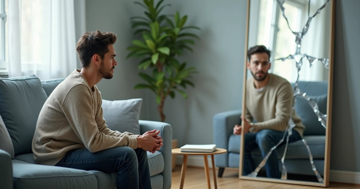 Persona adulta mirando su reflejo fragmentado en un espejo roto 