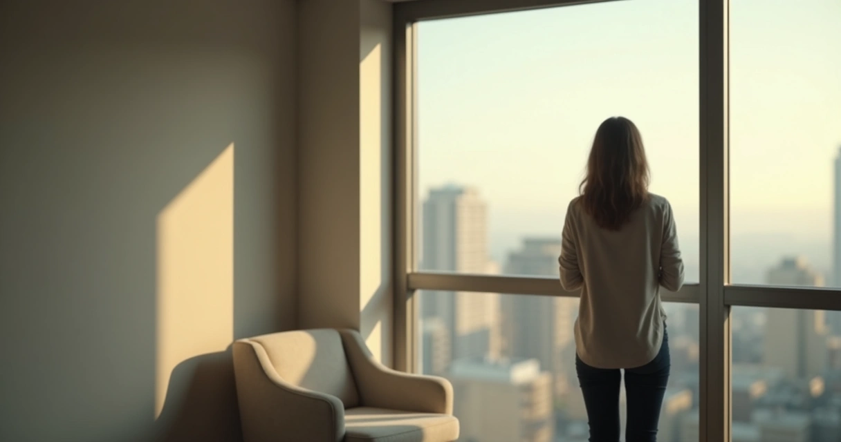 Persona mirando su reflejo en una ventana con luz suave 