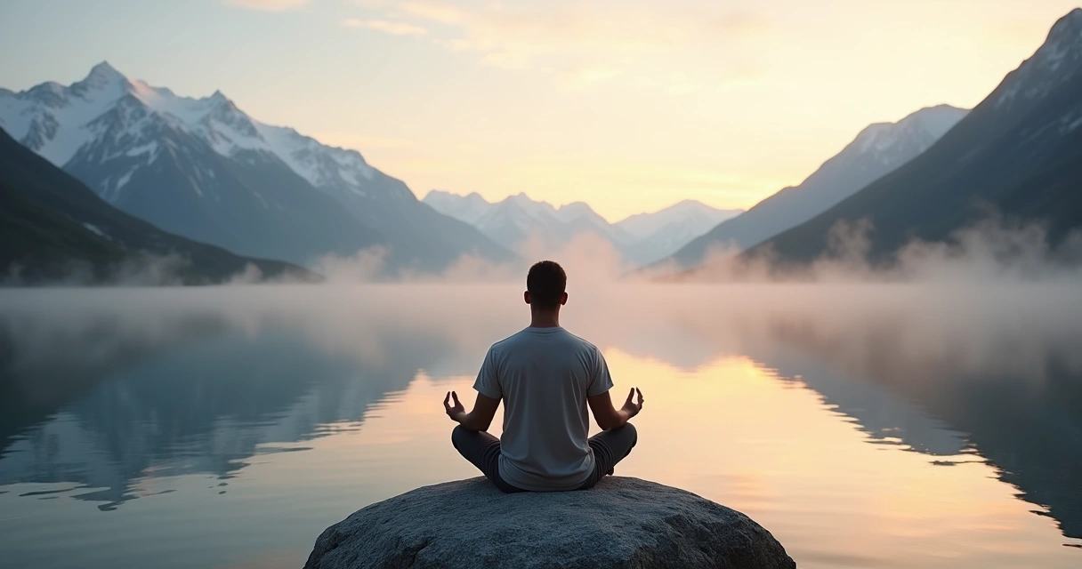 Persona sentada frente a un lago de montaña reflexionando al amanecer 
