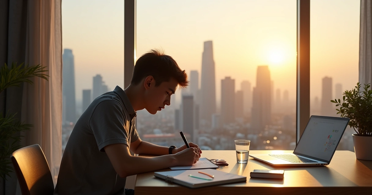 Persona reflexionando frente a una ciudad futurista tomando notas en un cuaderno 