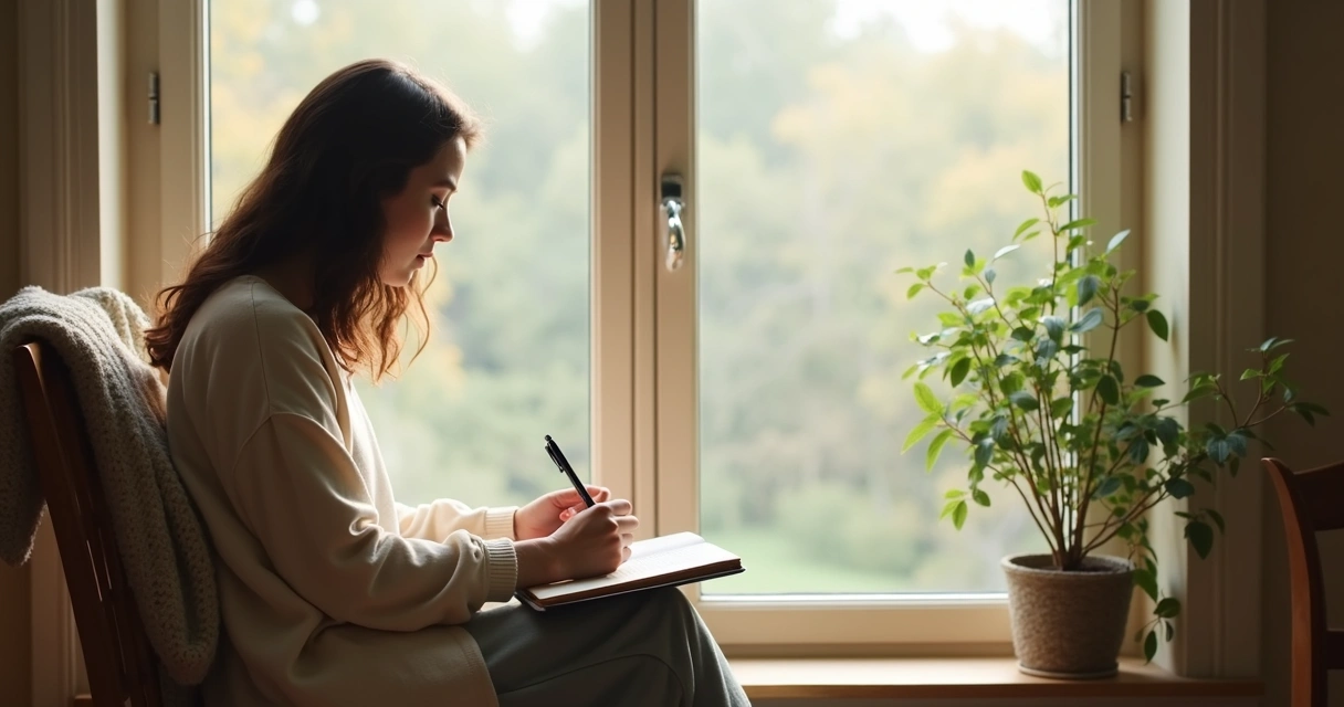 Persona sentada junto a una ventana escribiendo en silencio durante un momento de reflexión 