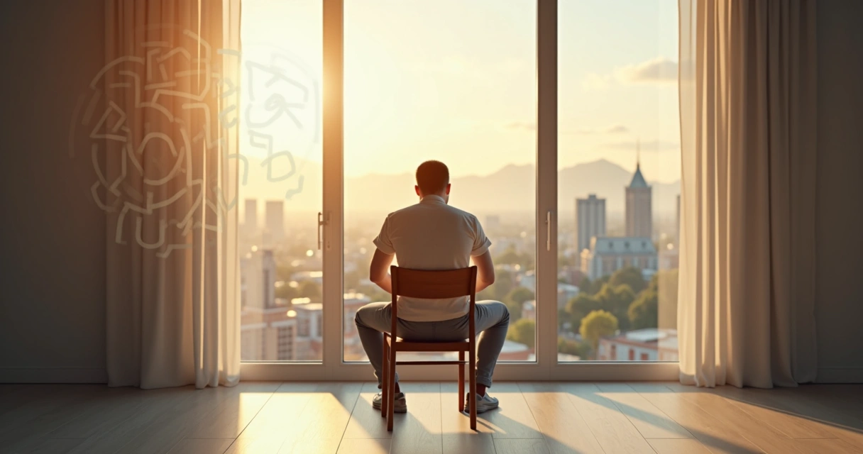 Persona sentada reflexionando frente a su reflejo en un vidrio con doble exposición de paisajes contrastantes 