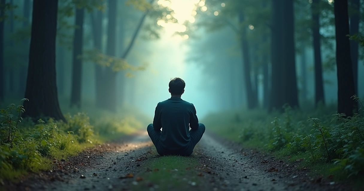 Persona sentada en un camino de bosque reflexionando sobre su proceso interno 