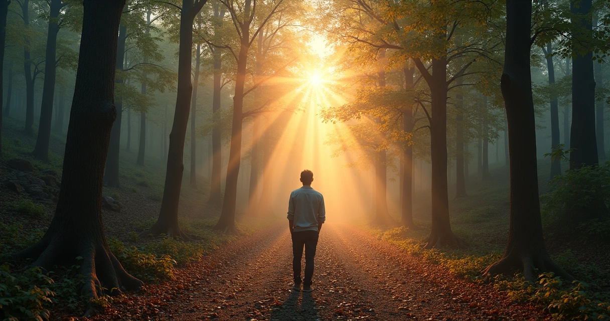 Persona sola en un camino de bosque al atardecer reflexionando 