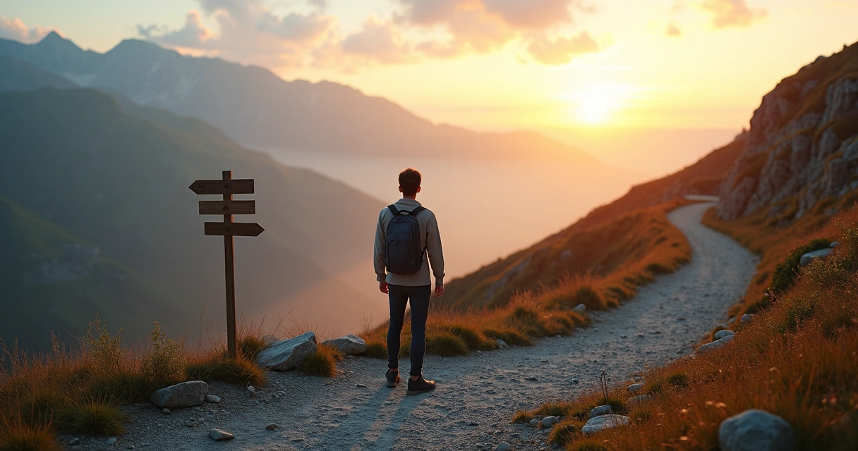 Persona reflexionando sola en un camino de montaña al amanecer 