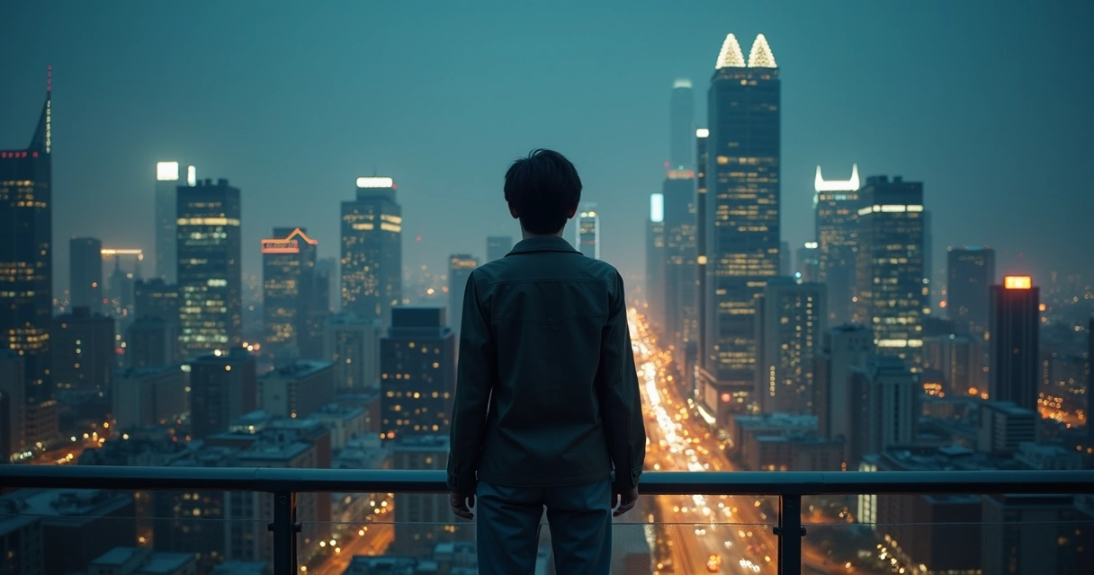 Persona reflexionando frente a una ciudad moderna de noche 