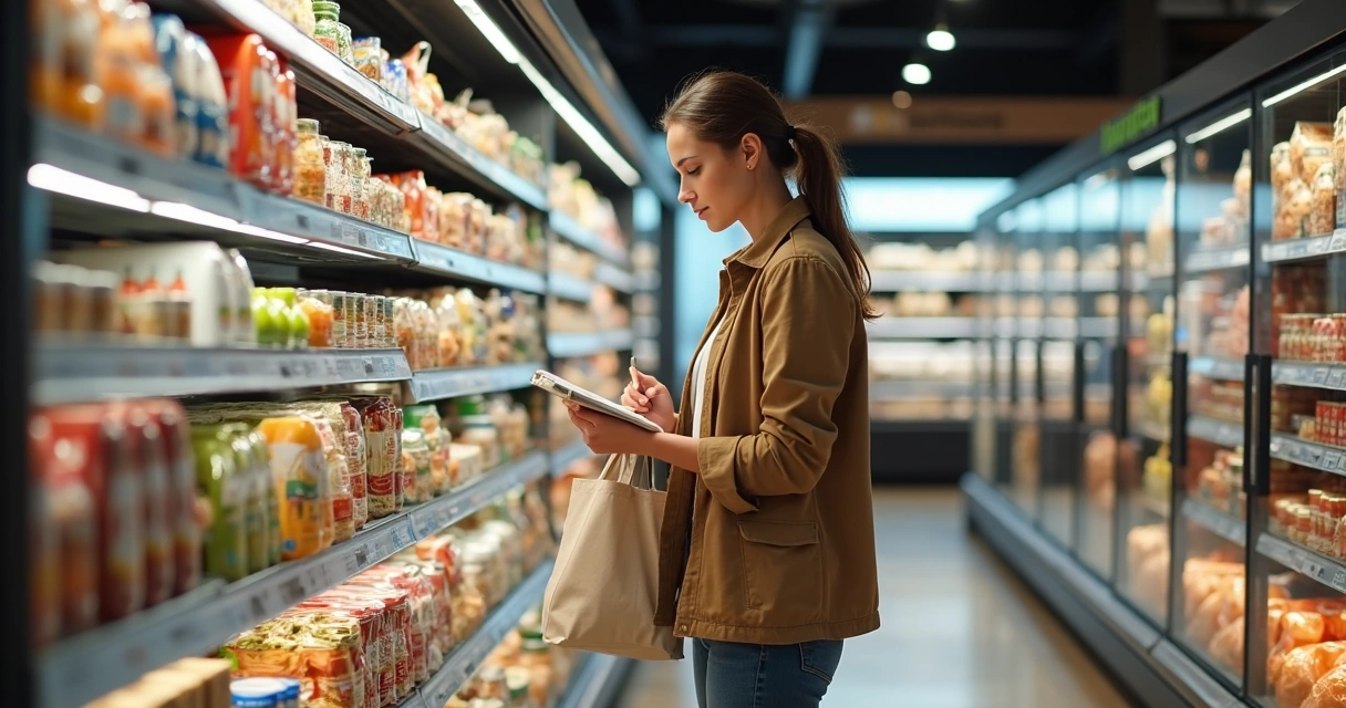 Mujer contemplando una lista de compras en una tienda 