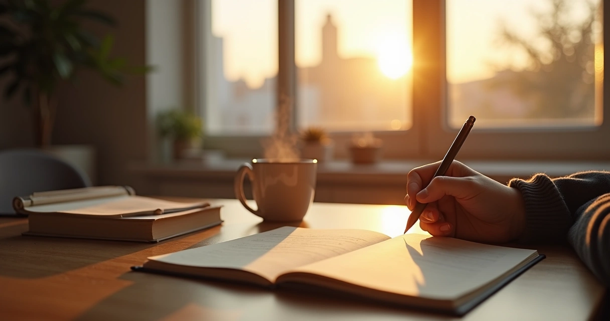 Persona sentada frente a una ventana grande escribiendo preguntas en un cuaderno 