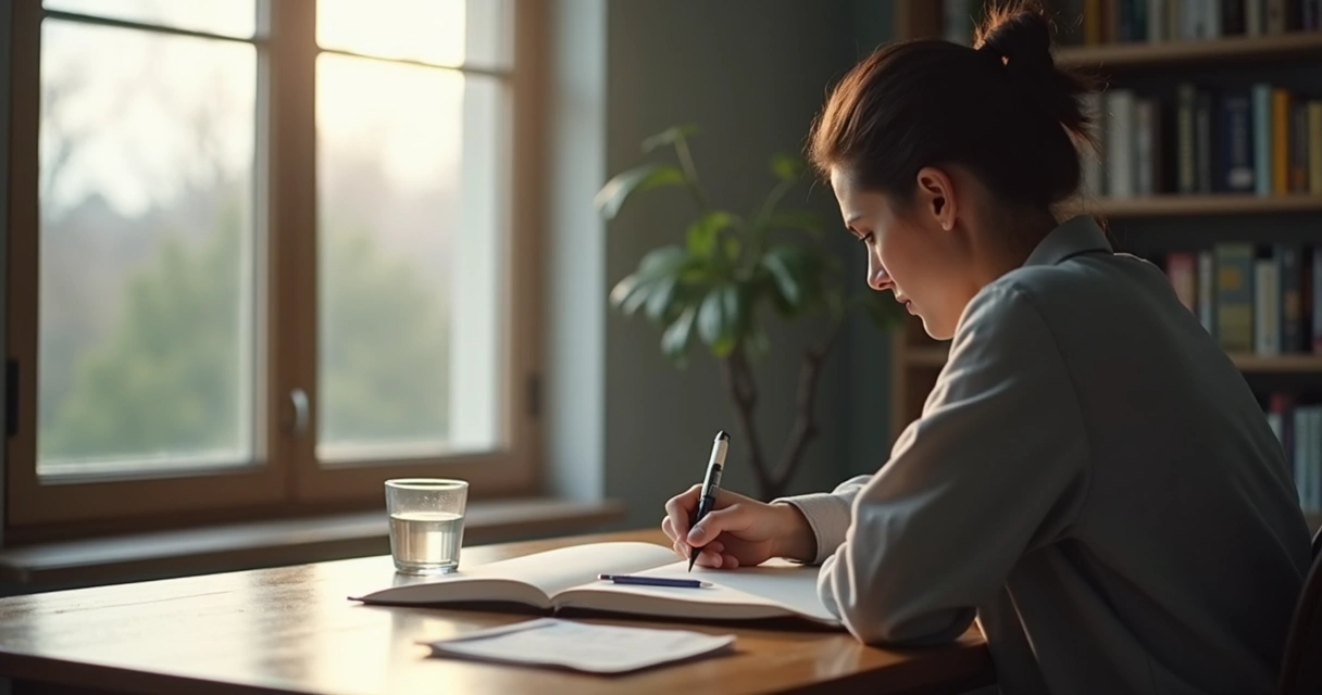 Persona escribiendo en un cuaderno frente a una ventana