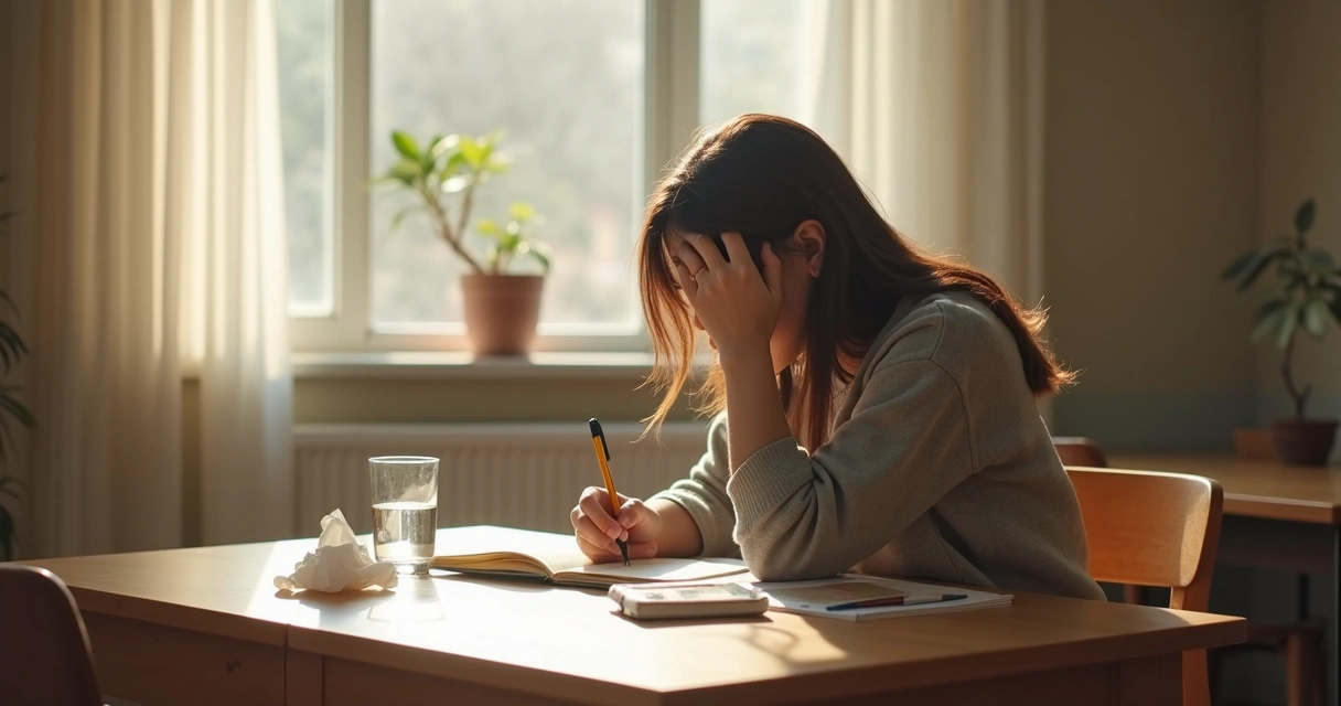 Persona escribiendo en un cuaderno junto a una ventana