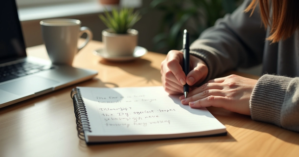 Persona escribiendo preguntas en un cuaderno junto a una taza de café 