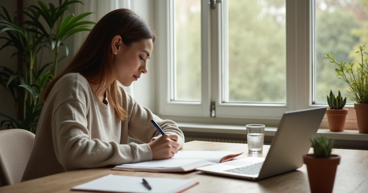 Persona escribiendo en un cuaderno junto a una ventana