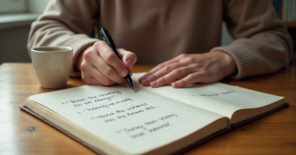 Persona escribiendo dudas éticas en un cuaderno junto a una taza de café 