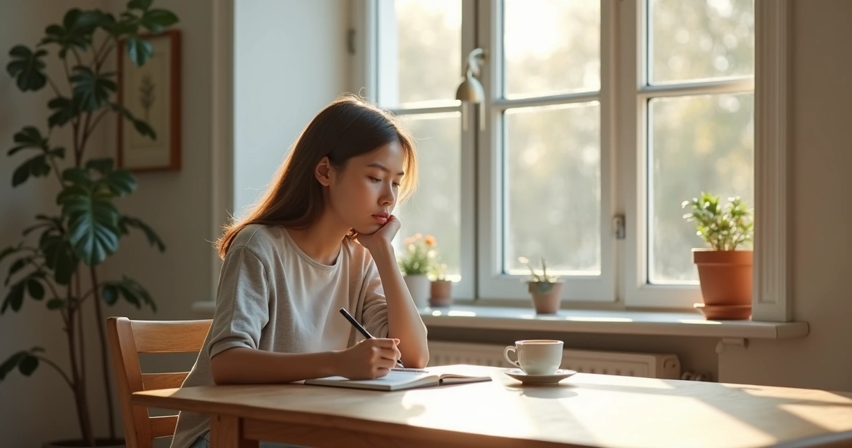 Persona escribiendo en un cuaderno junto a una ventana 