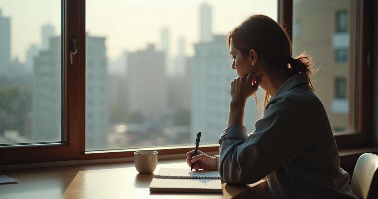 Persona escribiendo en un cuaderno junto a una ventana 