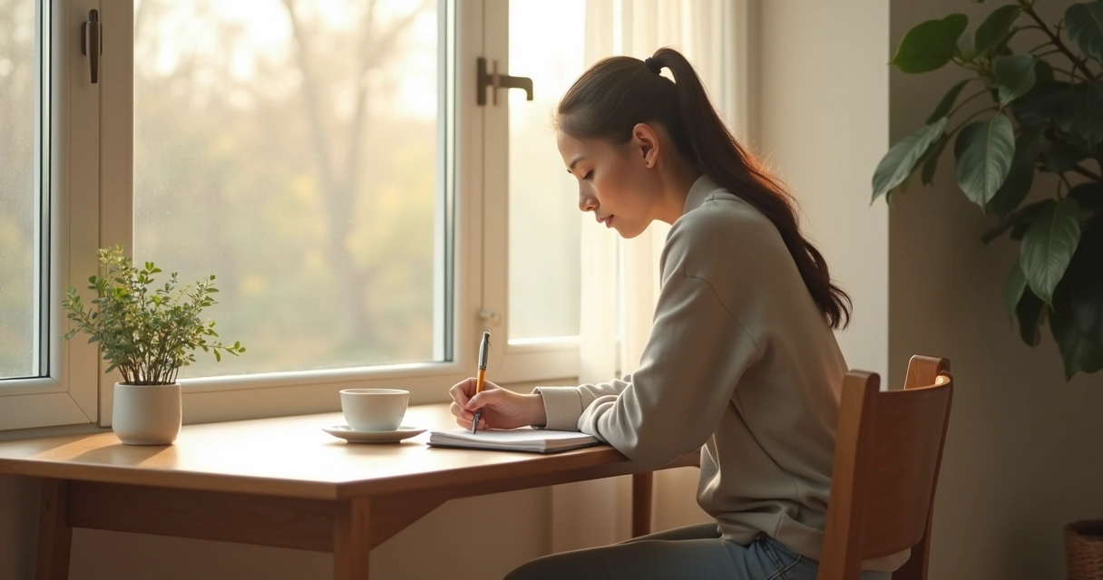 Persona escribiendo en un cuaderno frente a una ventana 