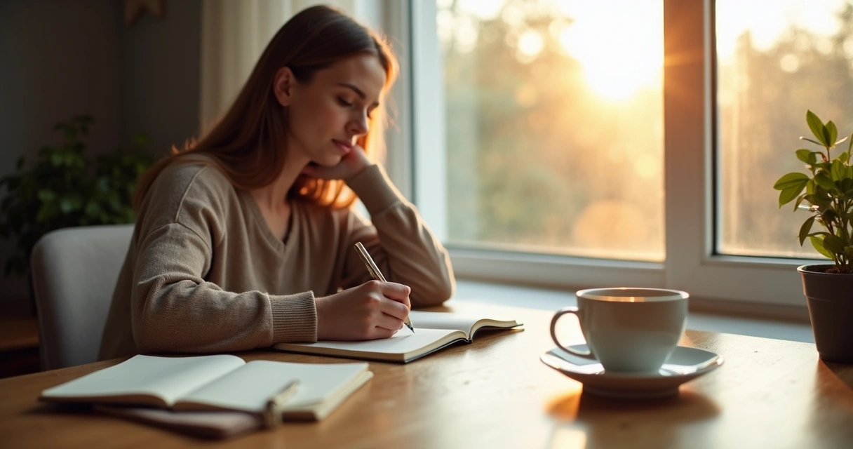 Persona escribiendo en un cuaderno junto a una ventana tranquila 