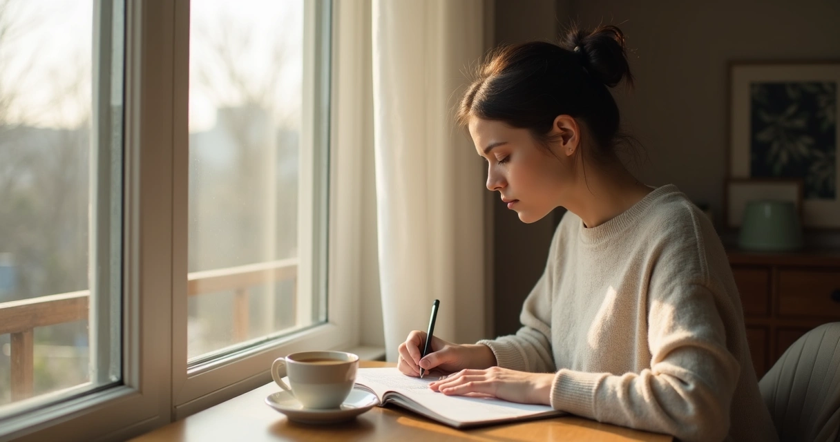 Persona escribiendo en un cuaderno junto a una ventana