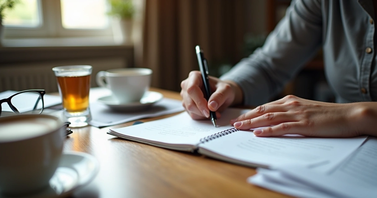 Persona escribiendo preguntas éticas en un cuaderno 