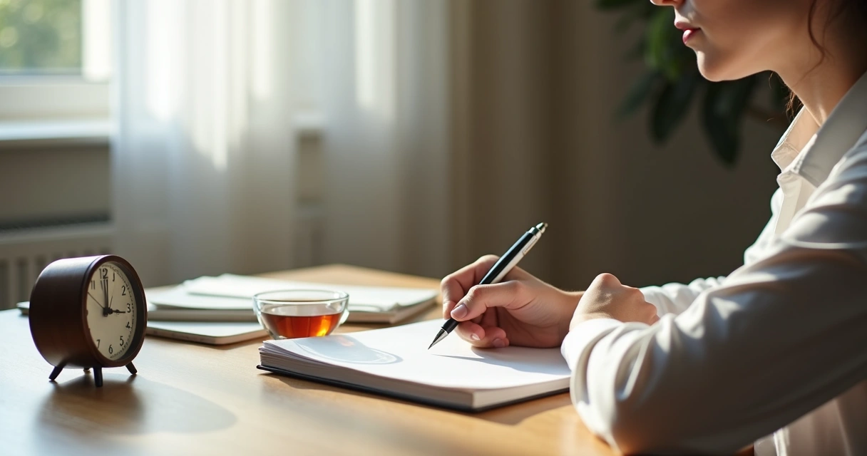 Persona escribiendo en un cuaderno junto a una taza y un reloj 