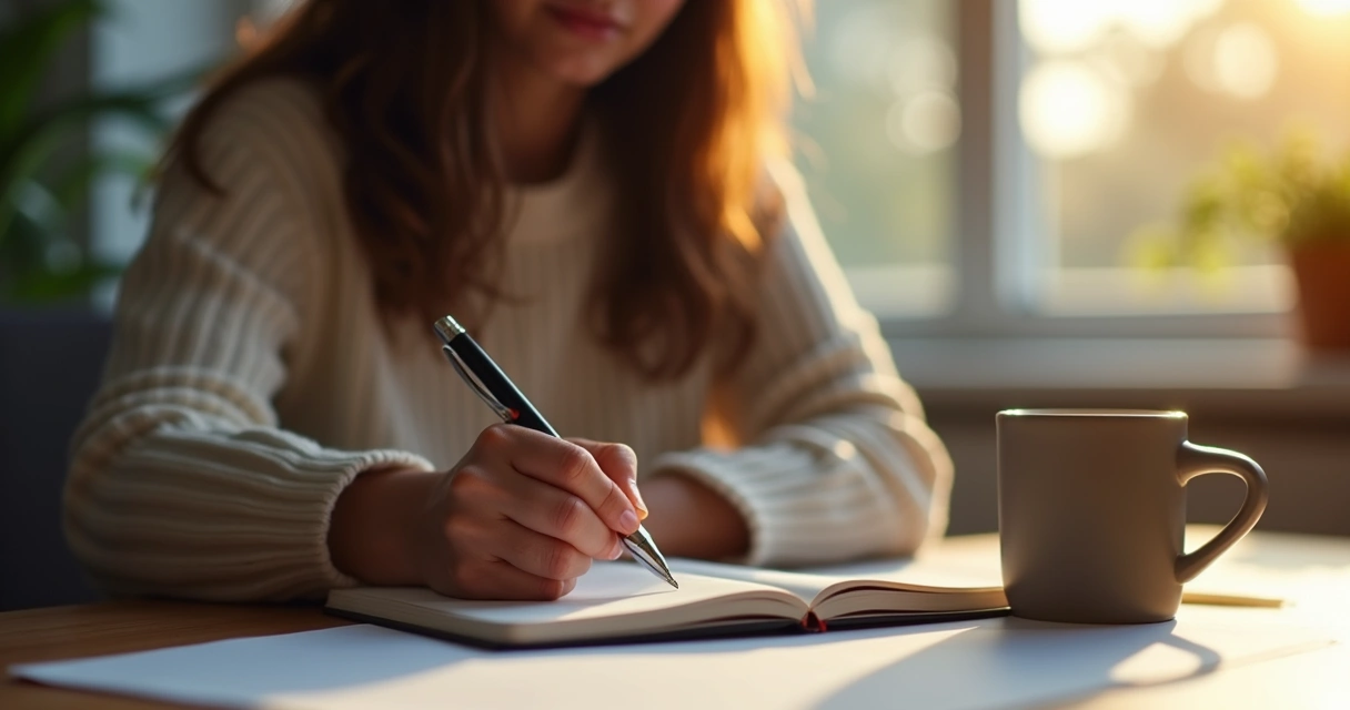 Persona escribiendo en bloc de notas al final del día 