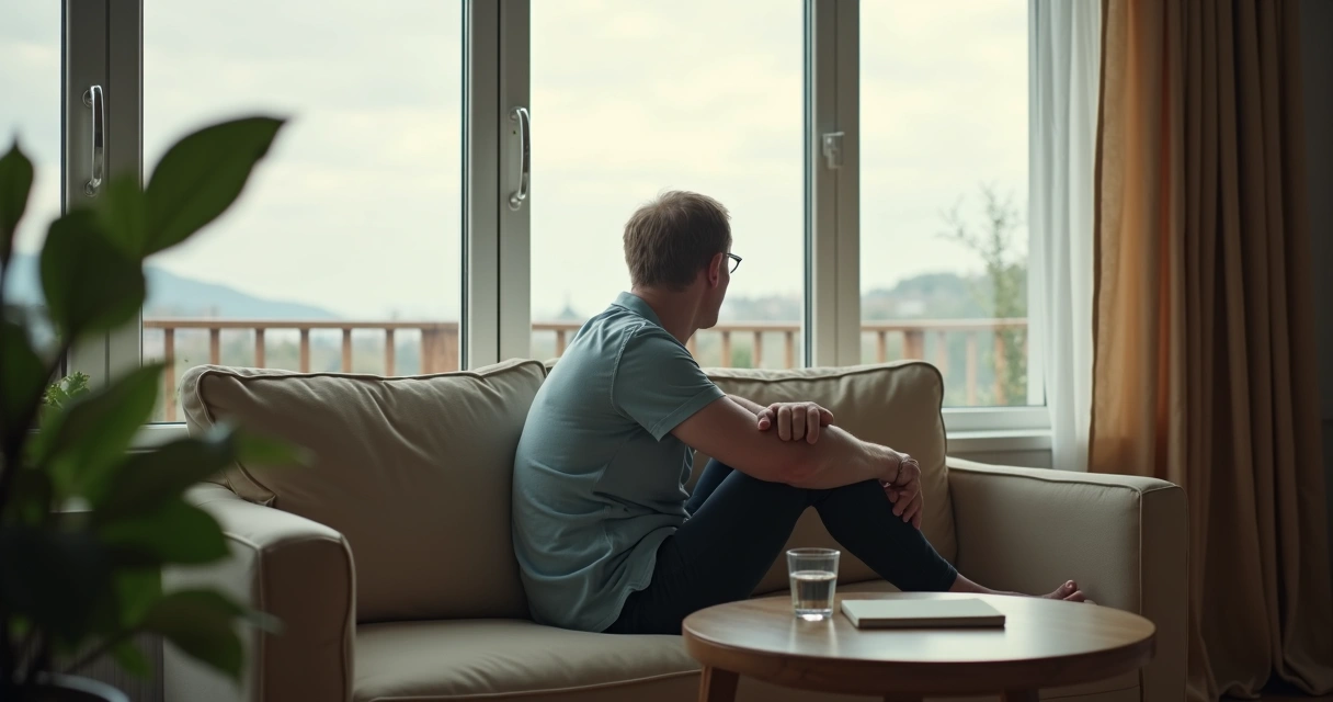 Persona reflexionando sola frente a una ventana luminosa 