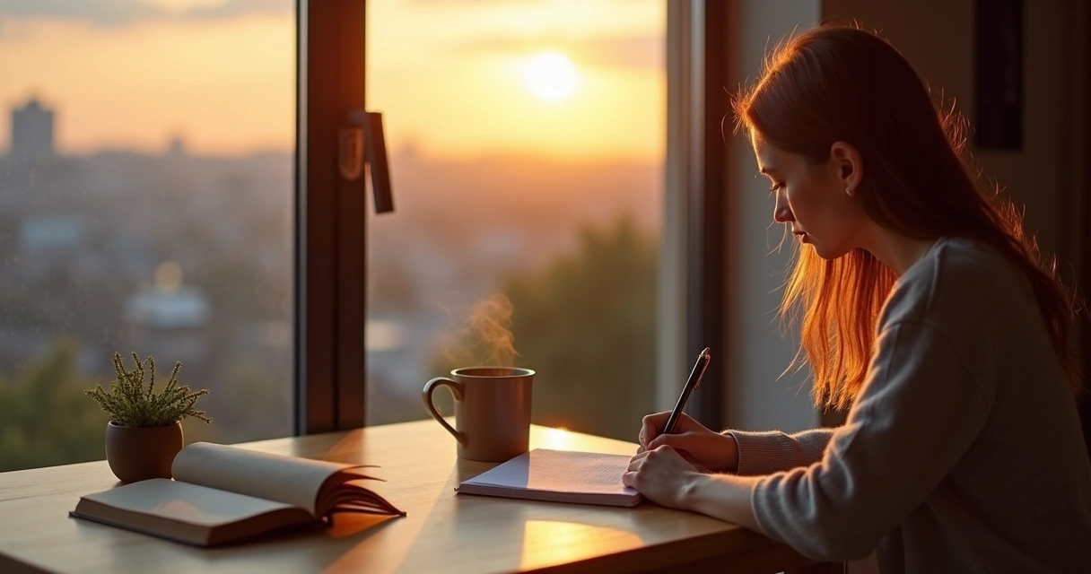 Persona escribiendo sobre sus emociones frente a una ventana al atardecer 