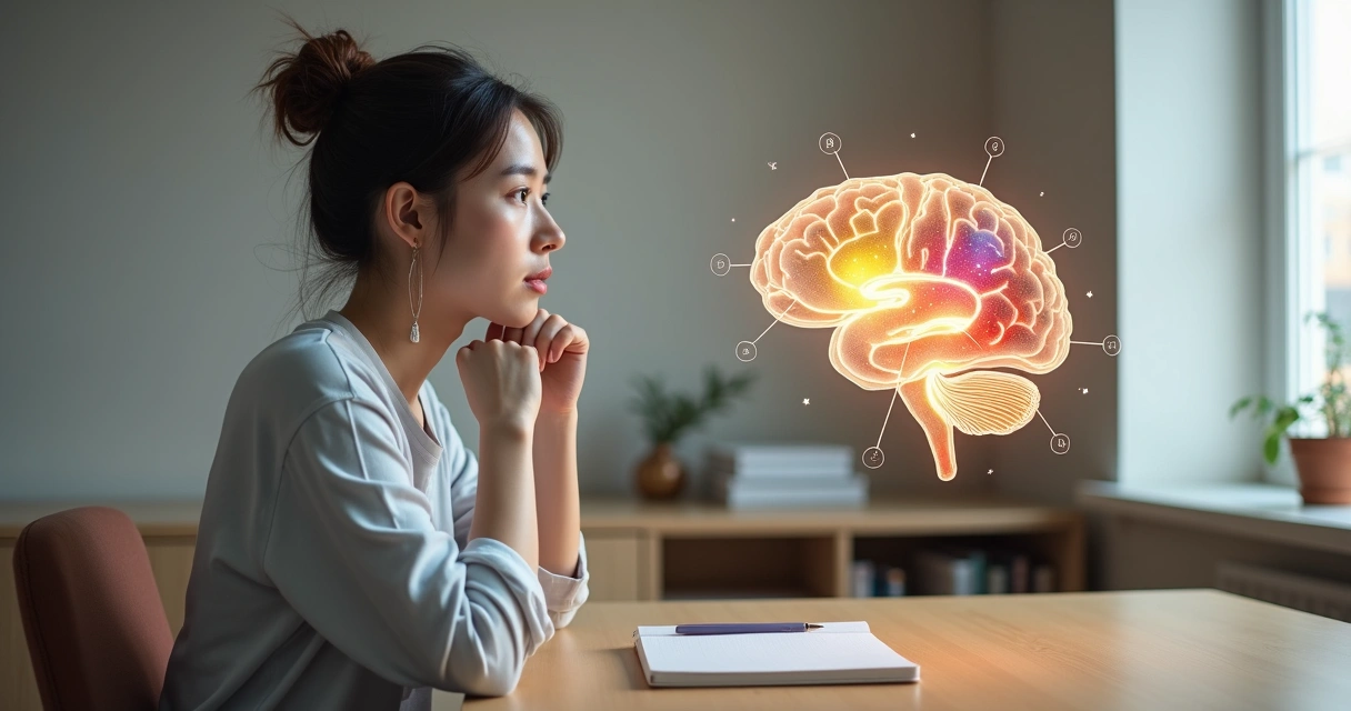 Mujer de perfil observando un cerebro iluminado con colores emocionales 