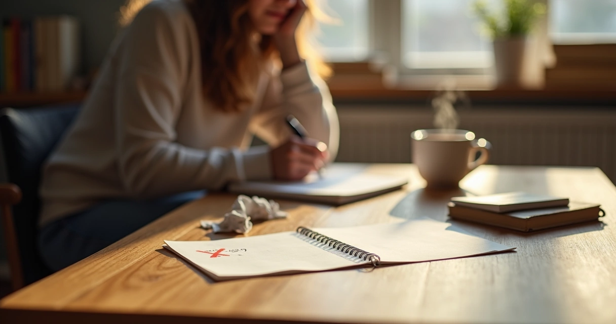 Persona tomando notas y reflexionando frente a un error en una hoja arrugada 