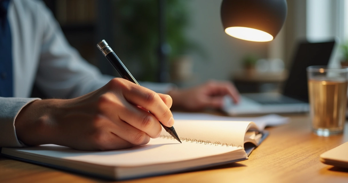 Persona escribiendo notas en escritorio de oficina