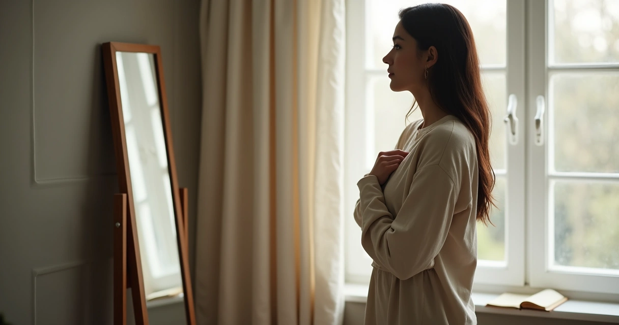 Persona observándose en un espejo con gesto reflexivo