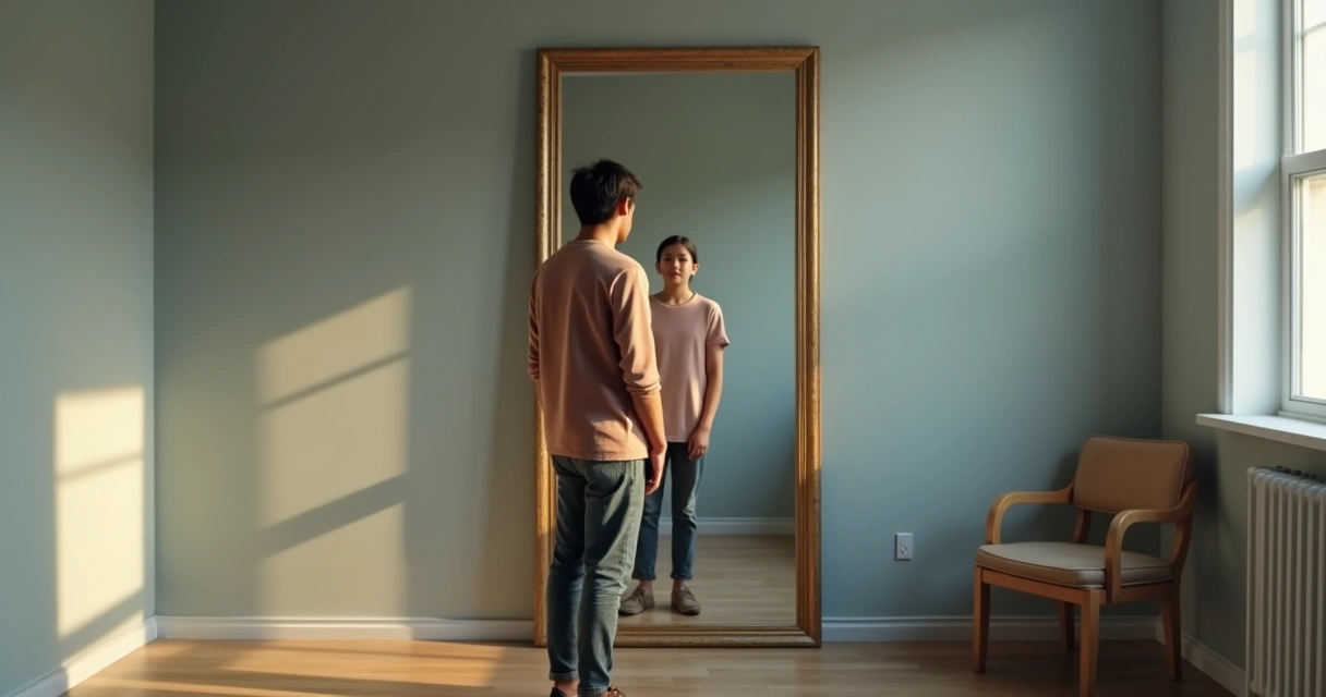 Persona observando su reflejo con gesto de reflexión frente a un espejo