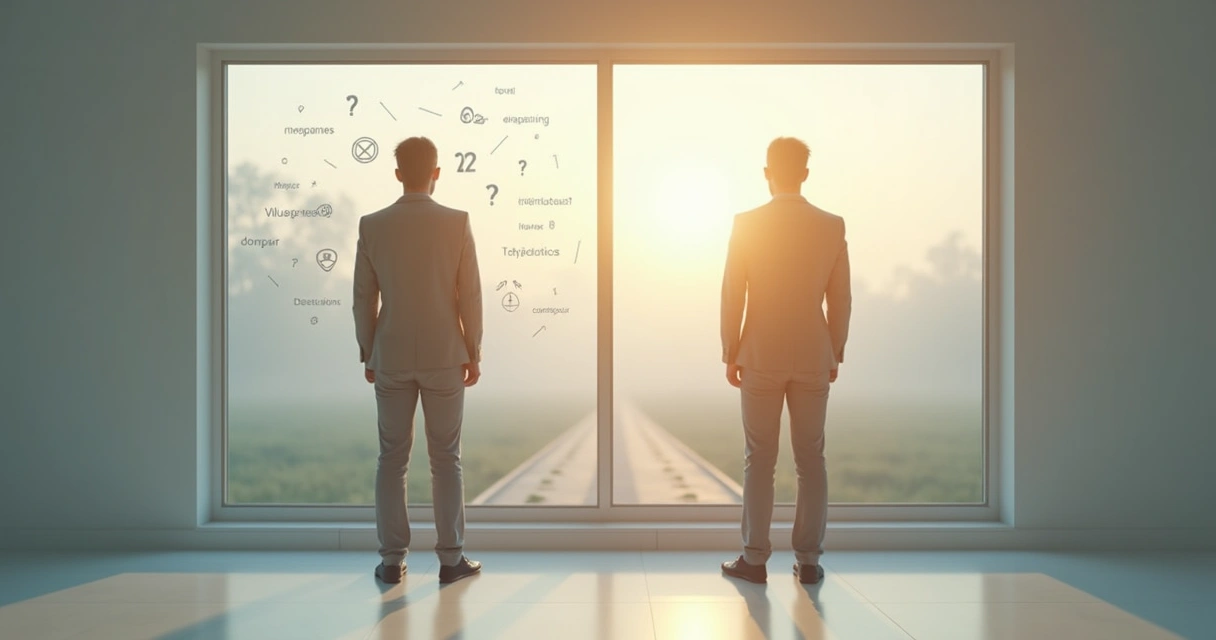 Persona reflexionando frente a un espejo con dos caminos posibles al fondo 