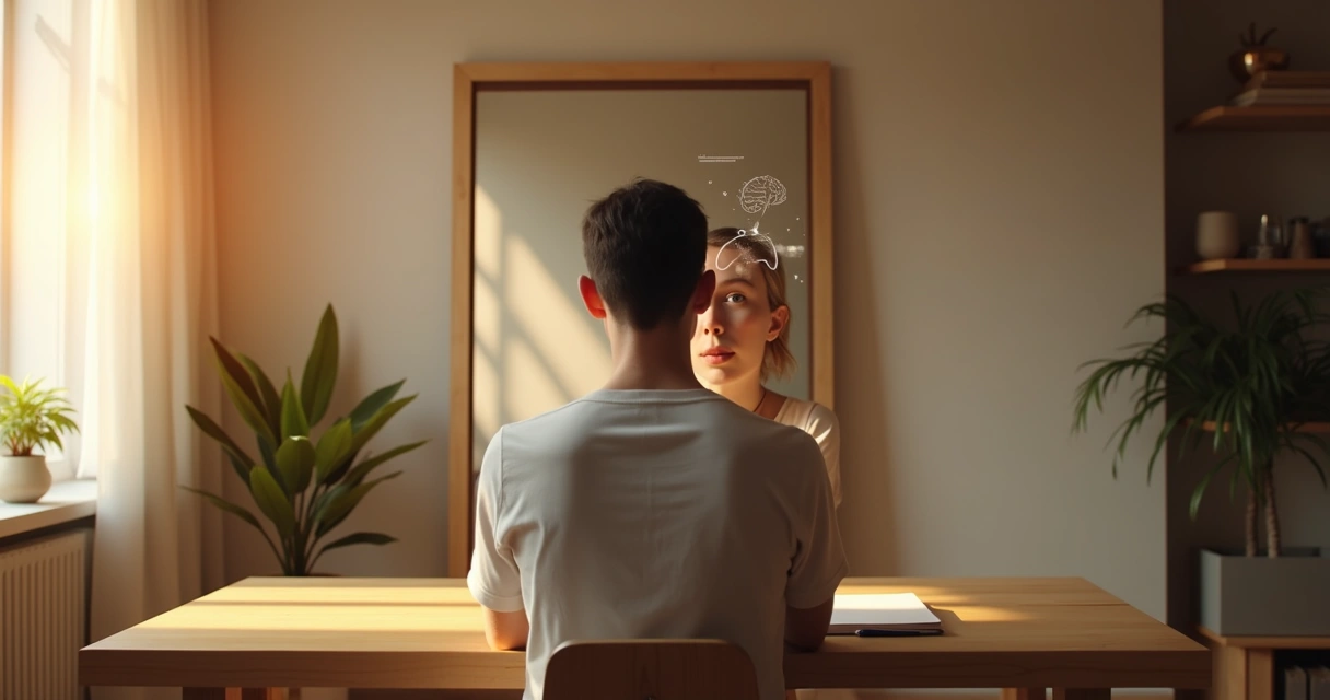 Persona sentada frente a un espejo con doble reflejo que simboliza la autoconciencia diaria 