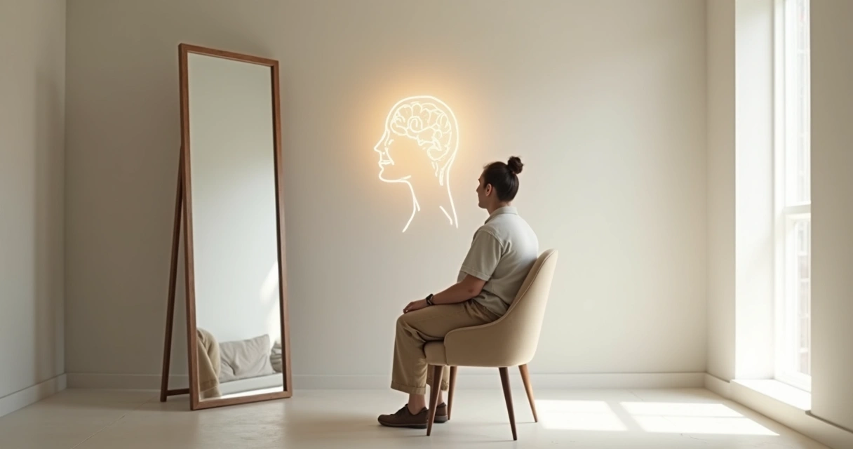 Persona adulta frente a un espejo con reflejo difuminado y mente clara dibujada detrás 