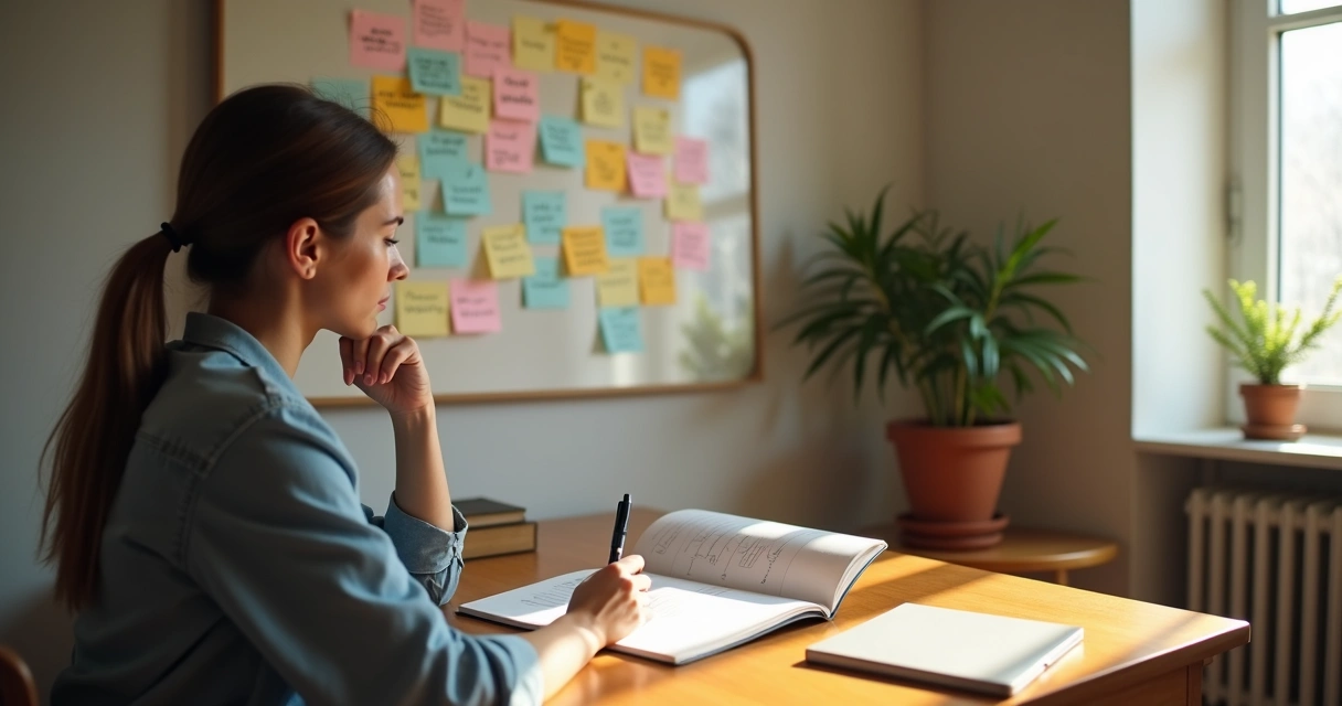 Persona reflexionando frente a un espejo con notas adhesivas sobre errores y aprendizajes 