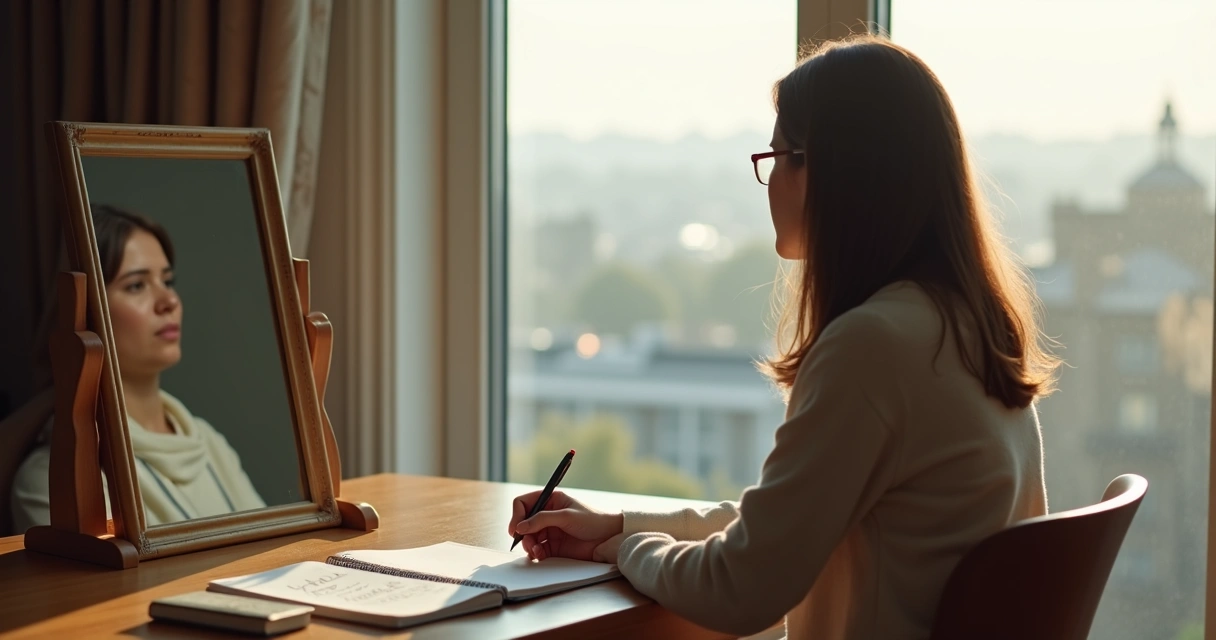 Persona sentada frente a un espejo y una ventana abierta en actitud de reflexión profunda 
